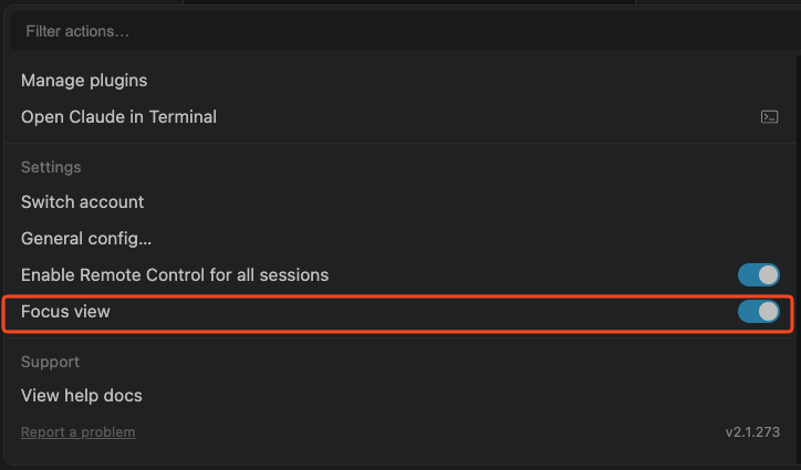 Focus view toggle in the Claude Code actions menu