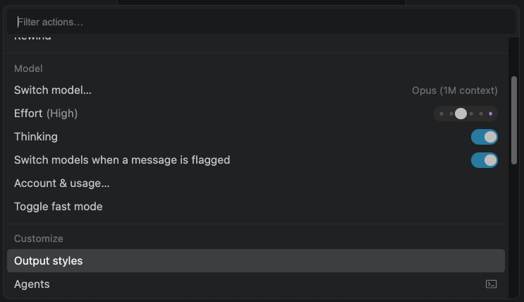 Output styles under Customize in the actions menu